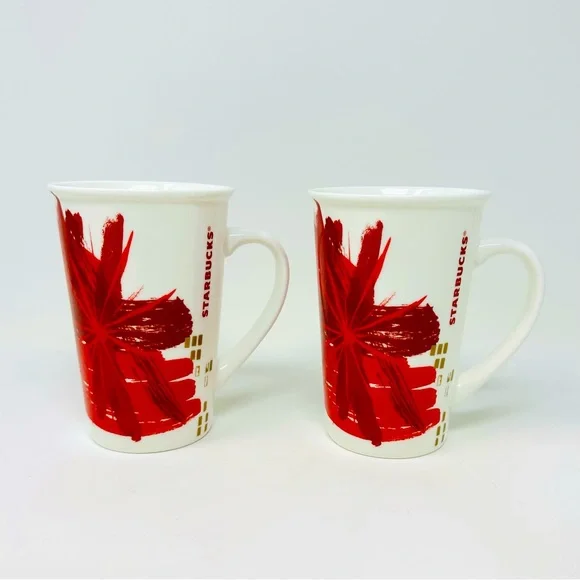 Starbucks Christmas Coffee Mugs Set Of 2 Red Gold Starburst Tall 12oz Holiday - Picture 1 of 8